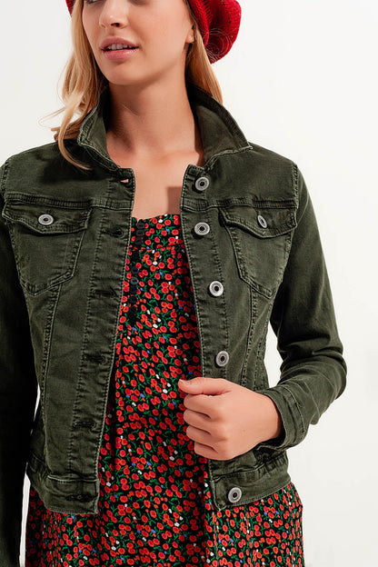 Slim Denim Trucker Jacket in Green for Casual Style