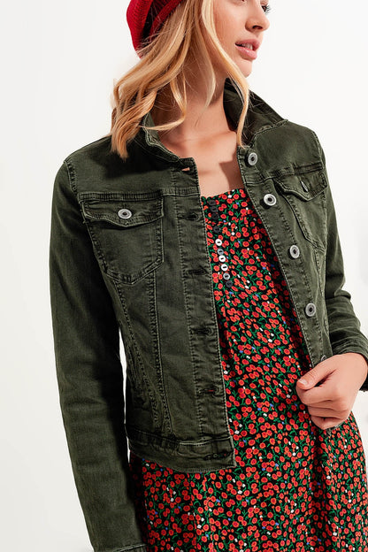 Slim Denim Trucker Jacket in Green for Casual Style