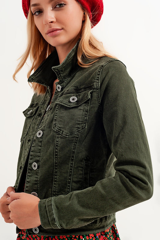 Slim Denim Trucker Jacket in Green for Casual Style