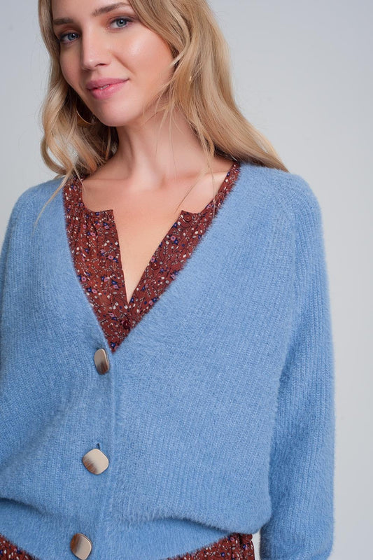 Soft Cardigan With Buttons and Deep V Neck in Blue