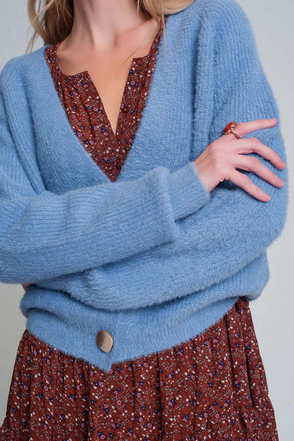 Soft Cardigan With Buttons and Deep V Neck in Blue