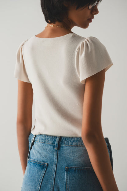 Square Neck Puff Sleeve Sweater in Cream for Daily Wear