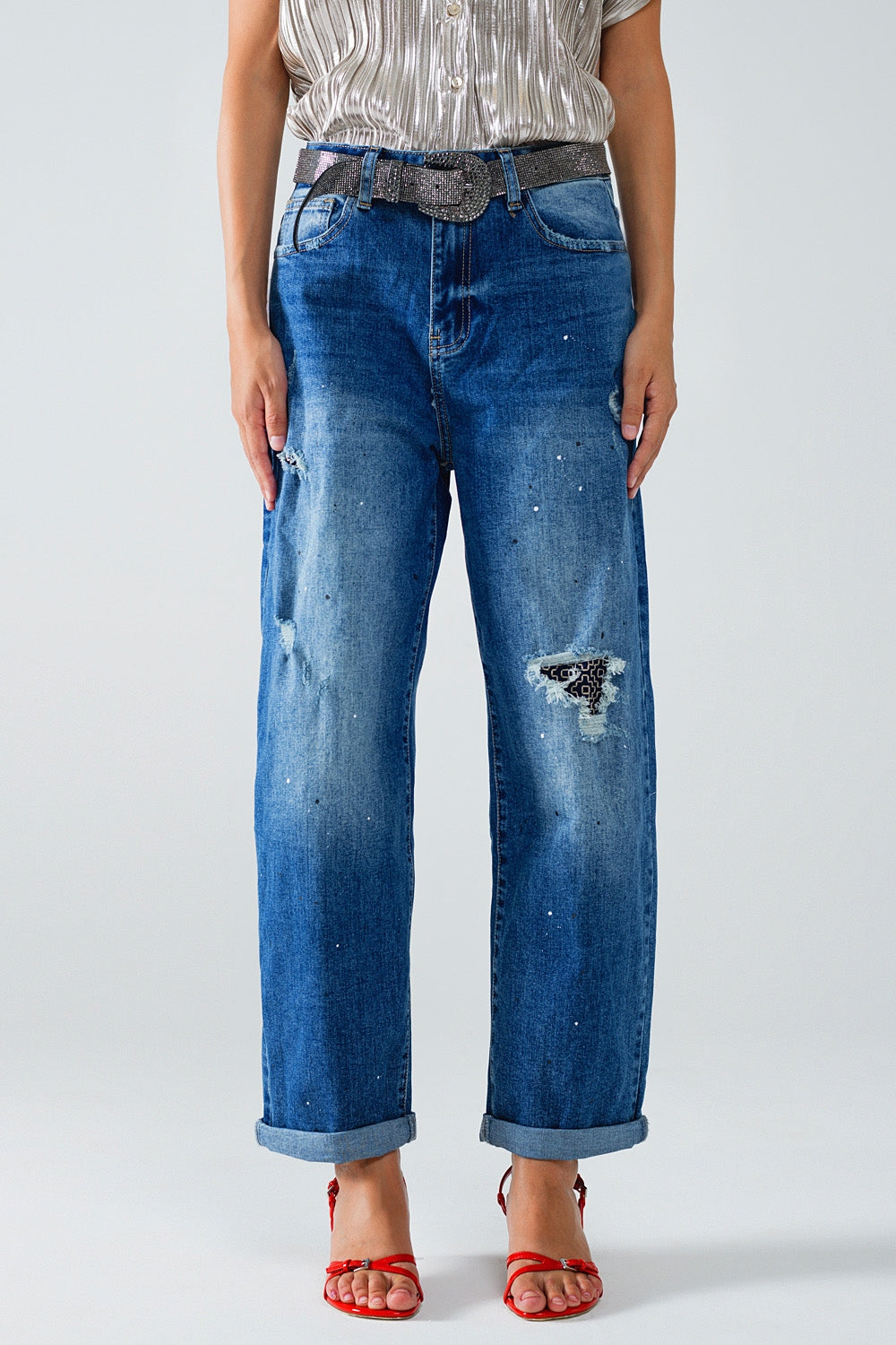 Straight Distressed Jeans With Paint Stains Details for Style