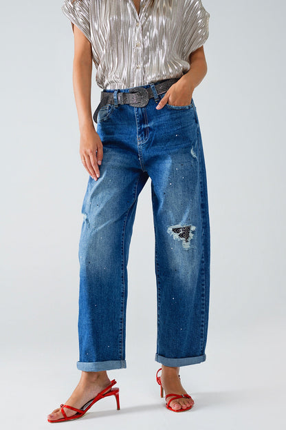 Straight Distressed Jeans With Paint Stains Details for Style