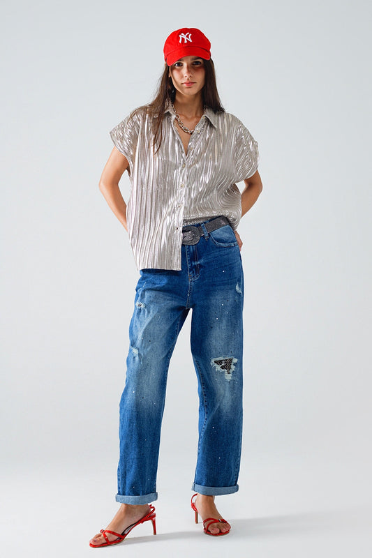 Straight Distressed Jeans With Paint Stains Details for Style