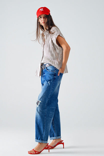 Straight Distressed Jeans With Paint Stains Details for Style