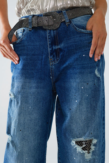 Straight Distressed Jeans With Paint Stains Details for Style