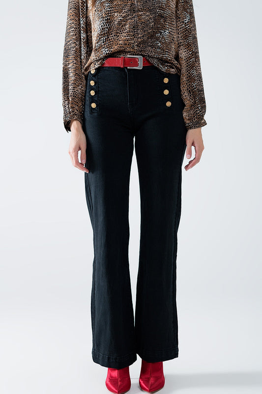 Straight Jeans With Gold Buttons at the Side in Black