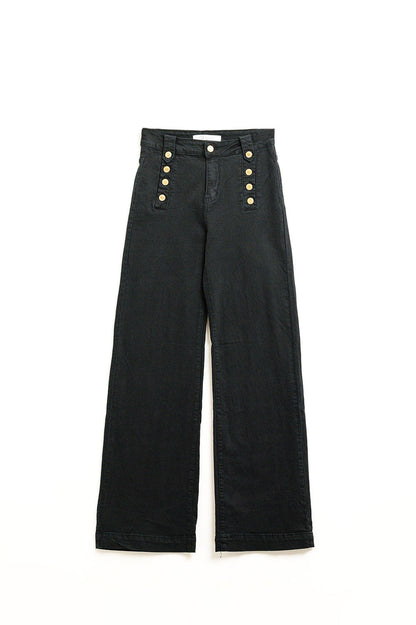 Straight Jeans With Gold Buttons at the Side in Black