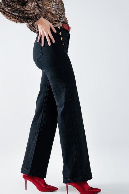 Straight Jeans With Gold Buttons at the Side in Black