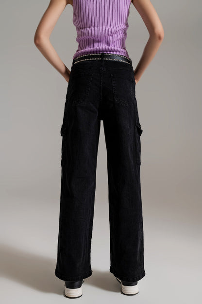 Straight Leg Cargo Jeans in Black with Functional Pockets