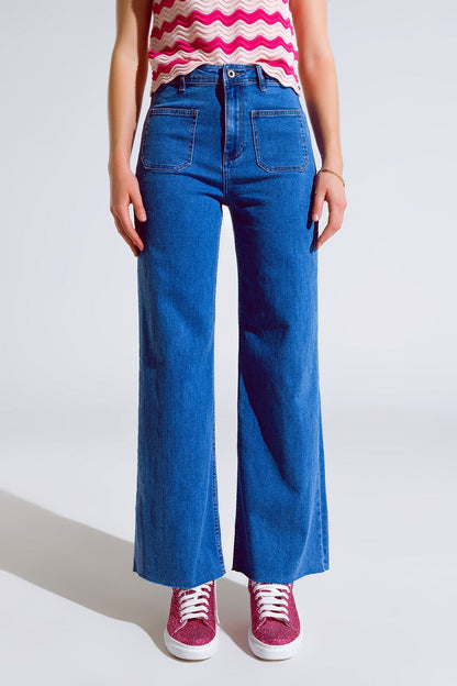 Straight Leg Jeans With Front Pockets Detail Mid Wash