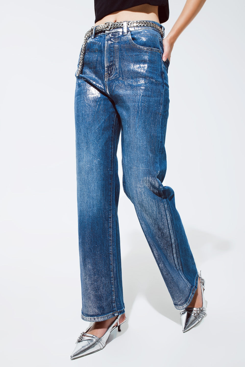 Straight Leg Jeans With Silver Metallic Finish for Stylish Events