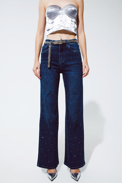 Straight Leg Jeans With Strass Detail in Blue for Parties