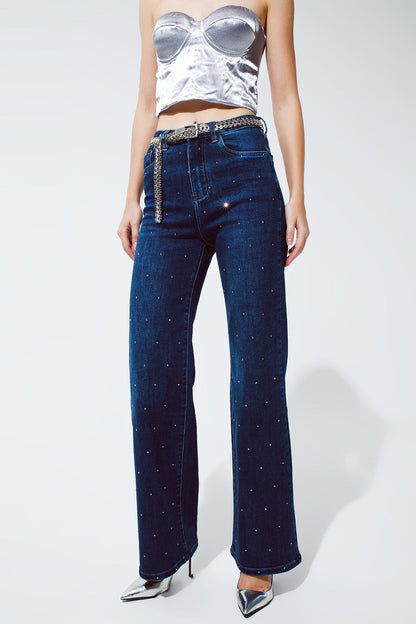 Straight Leg Jeans With Strass Detail in Blue for Parties