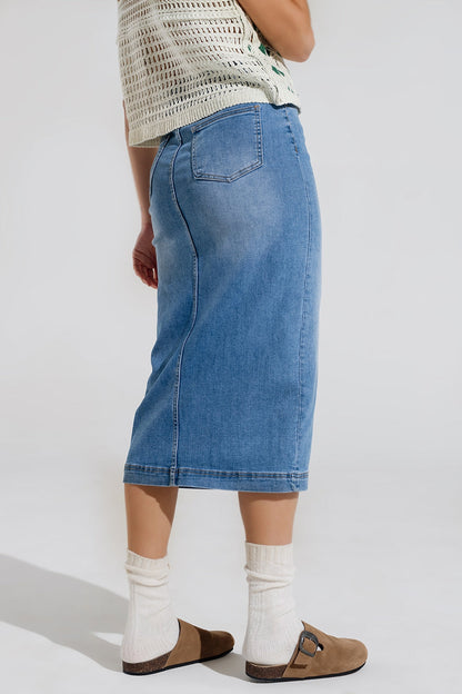 Stretch Denim Midi Skirt With Split Down The Front Design