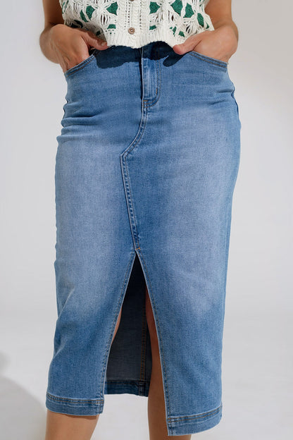 Stretch Denim Midi Skirt With Split Down The Front Design