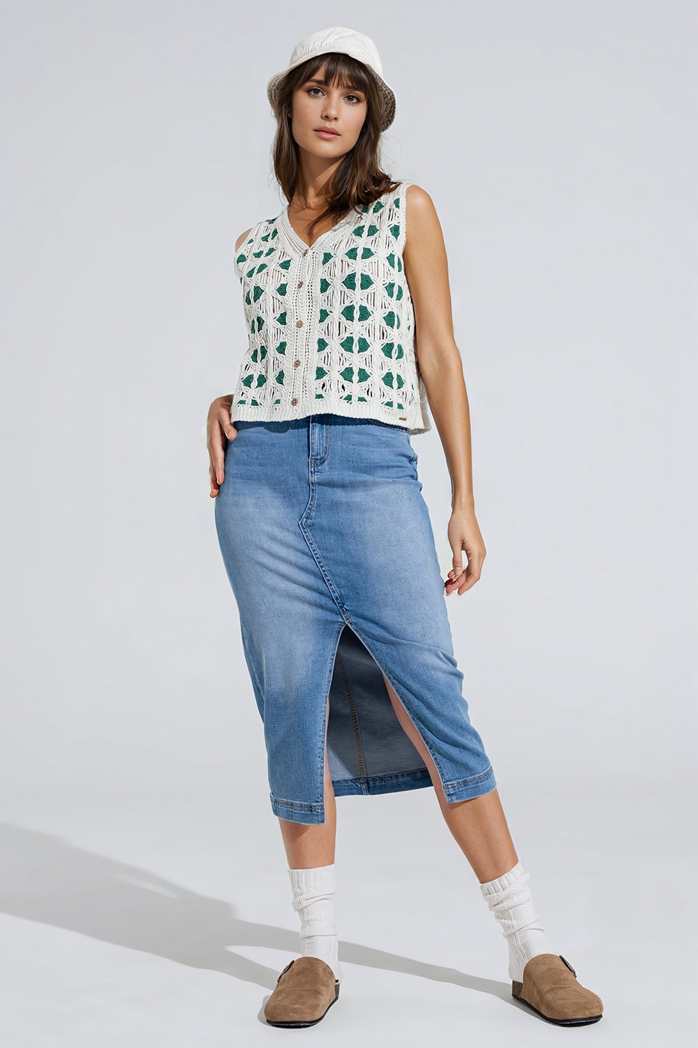 Stretch Denim Midi Skirt With Split Down The Front Design