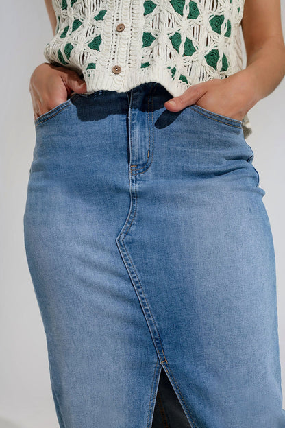 Stretch Denim Midi Skirt With Split Down The Front Design