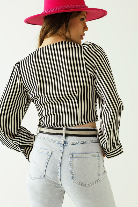 Striped Crop Top With V-Neckline and Twisted Front