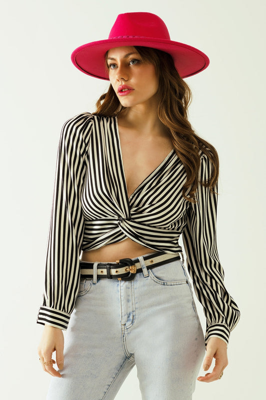 Striped Crop Top With V-Neckline and Twisted Front