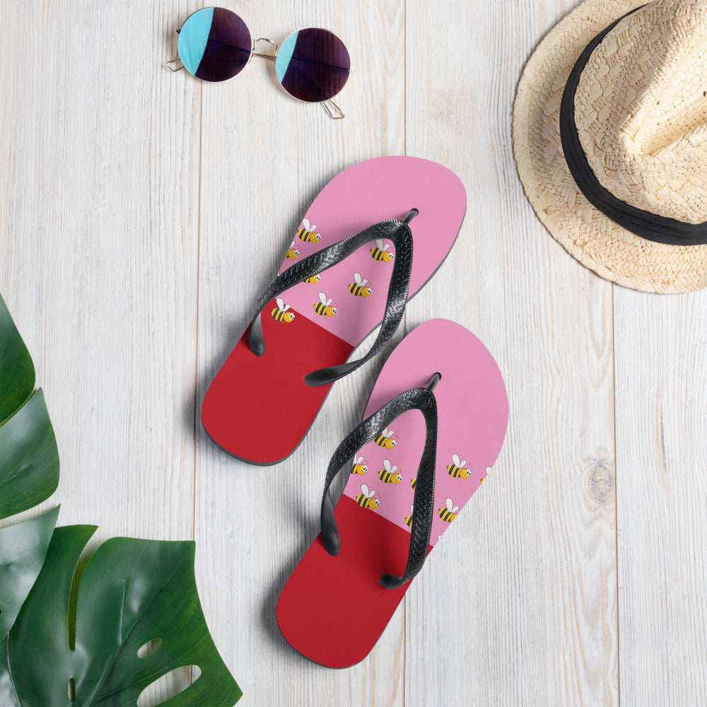 Pink and Red Bee Flip-Flops for Adults and Kids Comfort