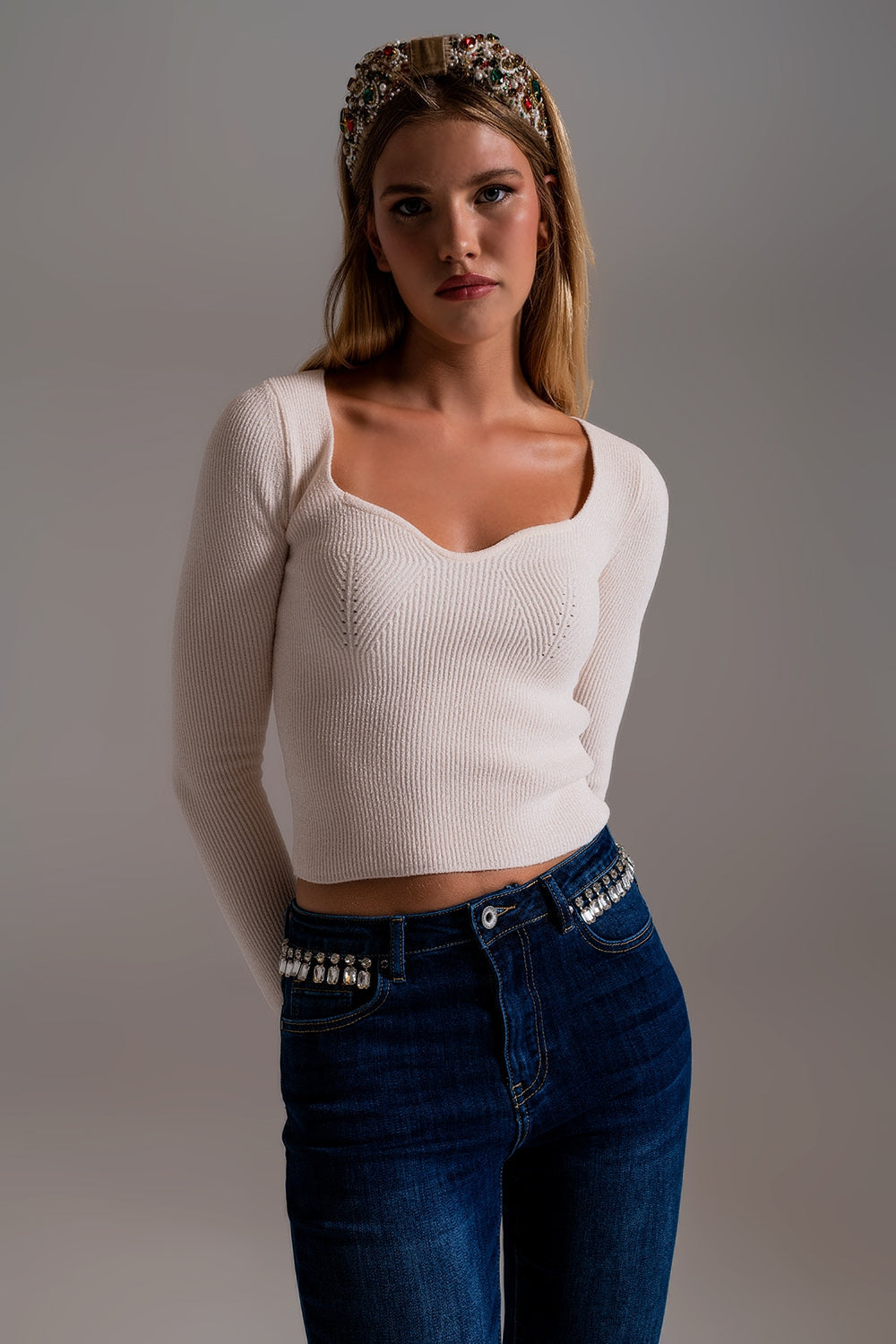 Sweetheart Neckline Chenille Sweater in Cream for Cozy Chic