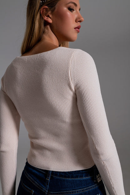 Sweetheart Neckline Chenille Sweater in Cream for Cozy Chic