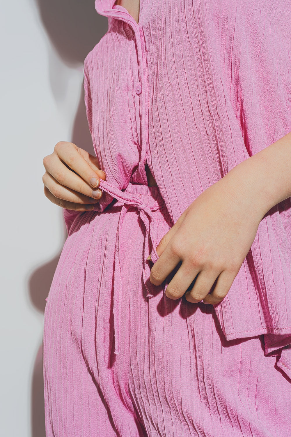 Textured Loose Shirt in Pink with V-Neck and Button Detail