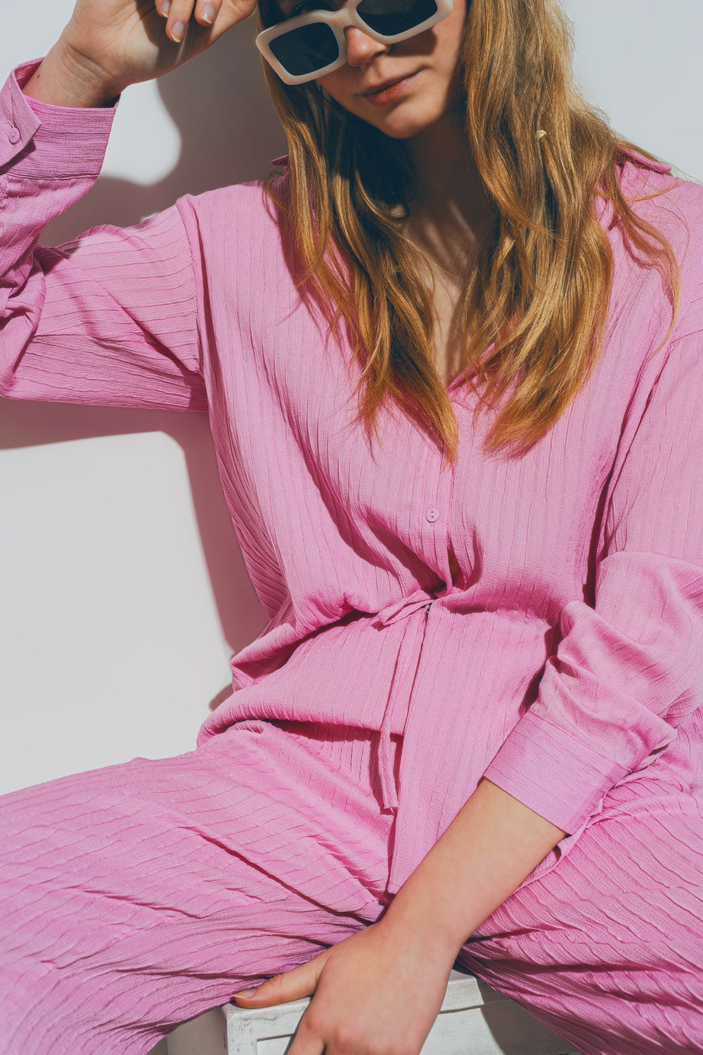 Textured Loose Shirt in Pink with V-Neck and Button Detail