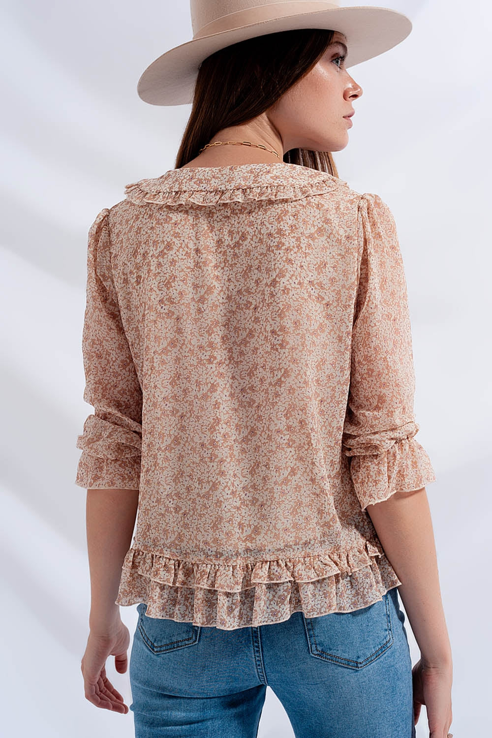 Tie Front Chiffon Blouse in Beige Floral Print for Women