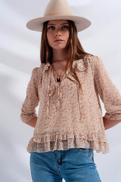 Tie Front Chiffon Blouse in Beige Floral Print for Women