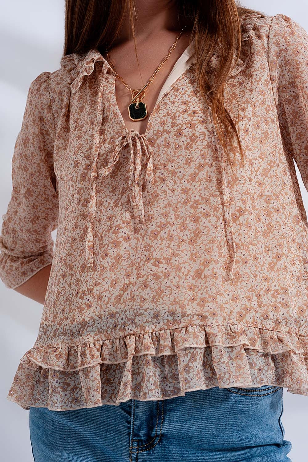 Tie Front Chiffon Blouse in Beige Floral Print for Women