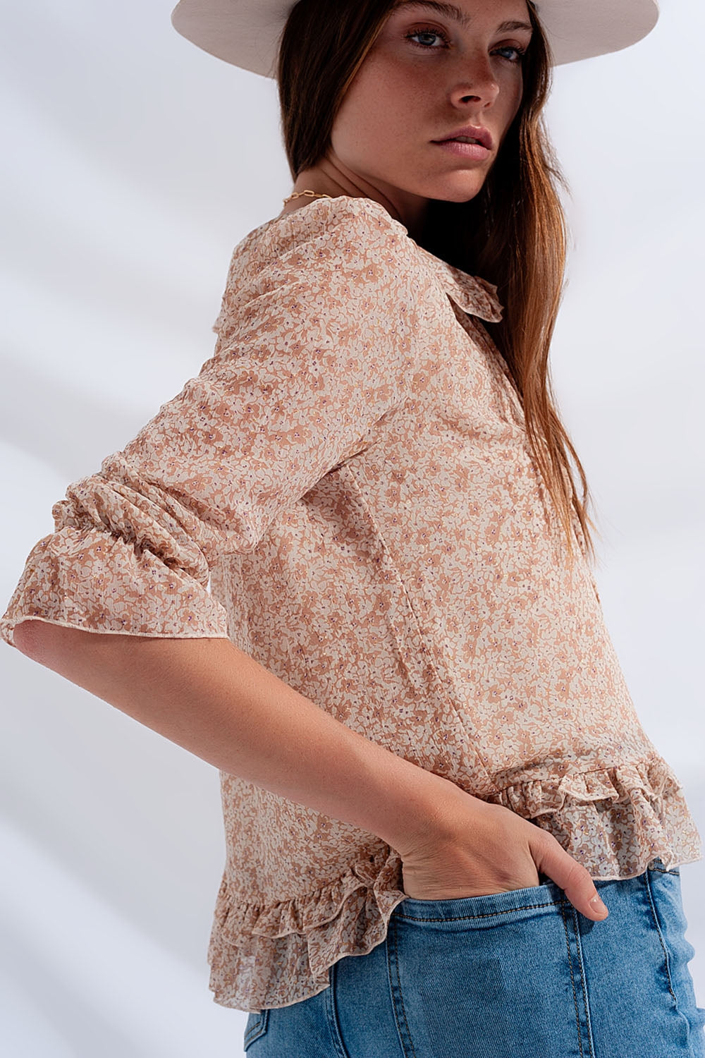 Tie Front Chiffon Blouse in Beige Floral Print for Women