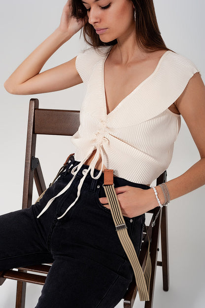 Tie Front Shirred Detail Volume Sleeve Crop Top in Cream