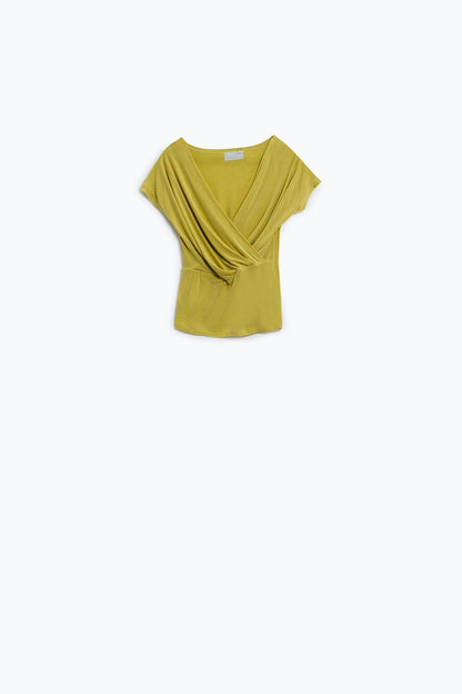 V-Neck Crossed Draped Fitted Top With Cap Sleeves Light Lime