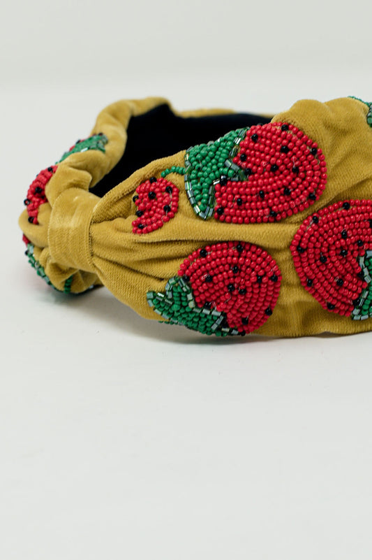 Velvet Headband With Strawberry Bead Embellishments