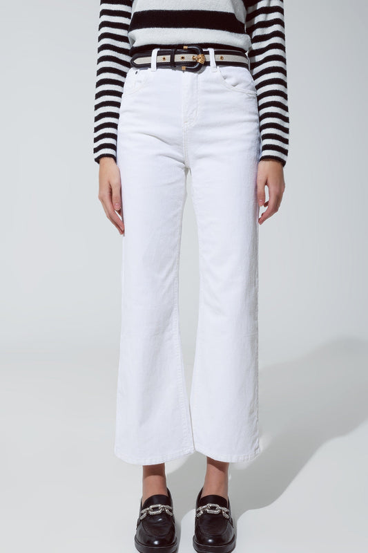 White Corduroy Cropped Pants with Five Functional Pockets