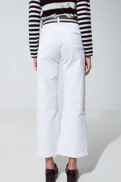 White Corduroy Cropped Pants with Five Functional Pockets