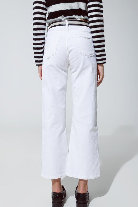 White Corduroy Cropped Pants with Five Functional Pockets