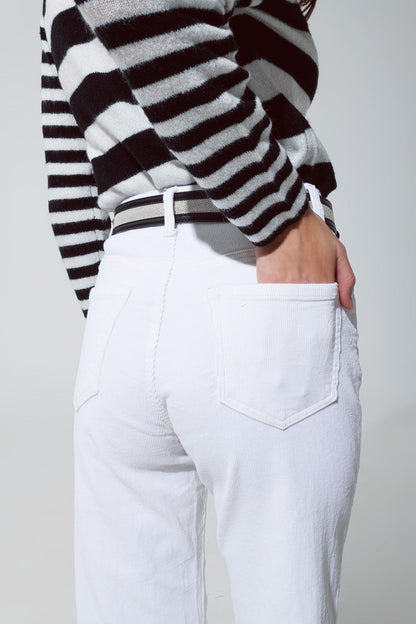 White Corduroy Cropped Pants with Five Functional Pockets