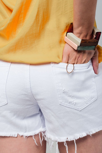 White Denim Shorts With Embroidered Flowers for Women