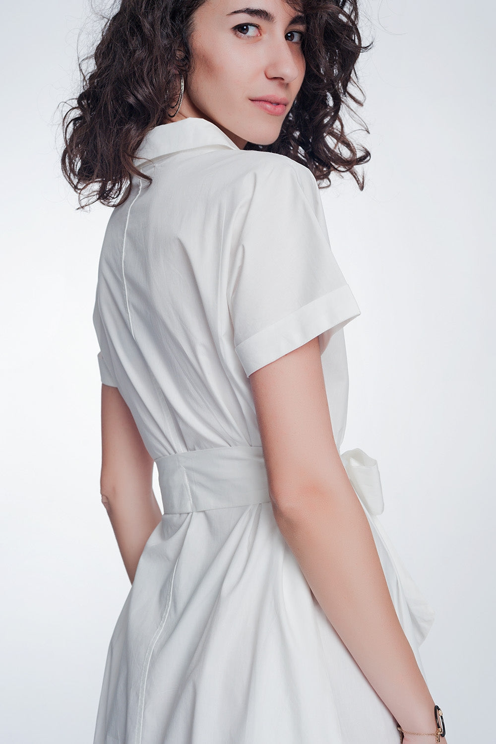 White Poplin Shirt Dress With Belt And Short Sleeves