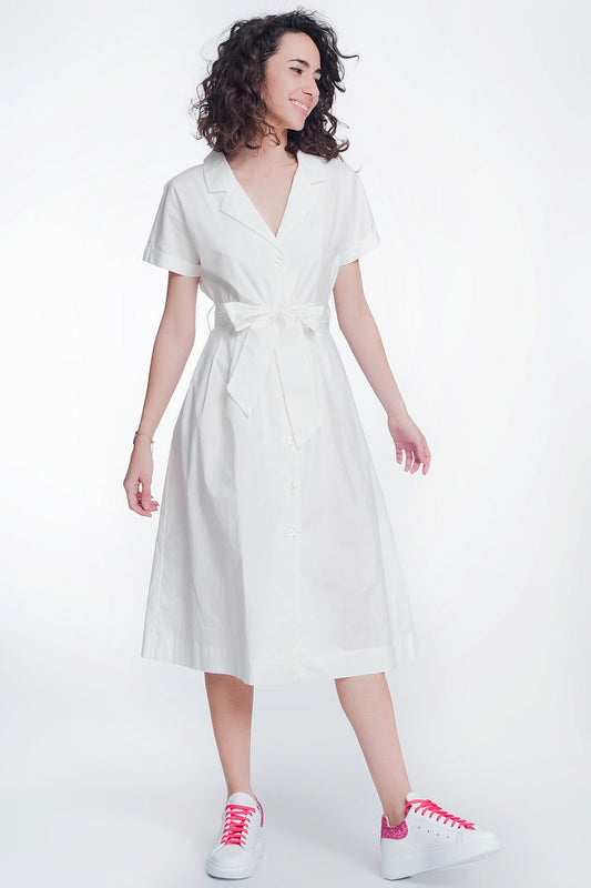 White Poplin Shirt Dress With Belt And Short Sleeves