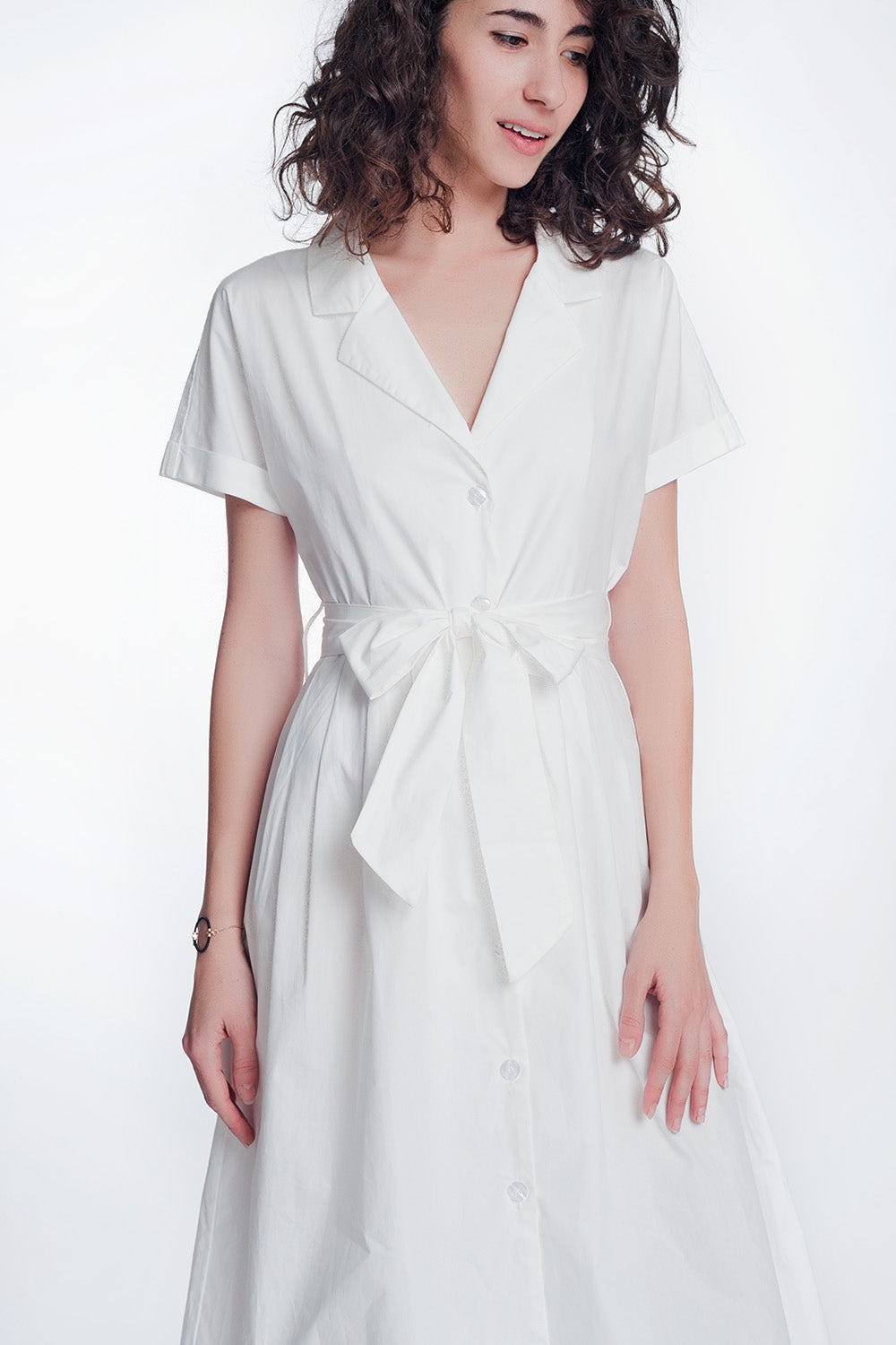 White Poplin Shirt Dress With Belt And Short Sleeves