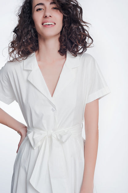 White Poplin Shirt Dress With Belt And Short Sleeves