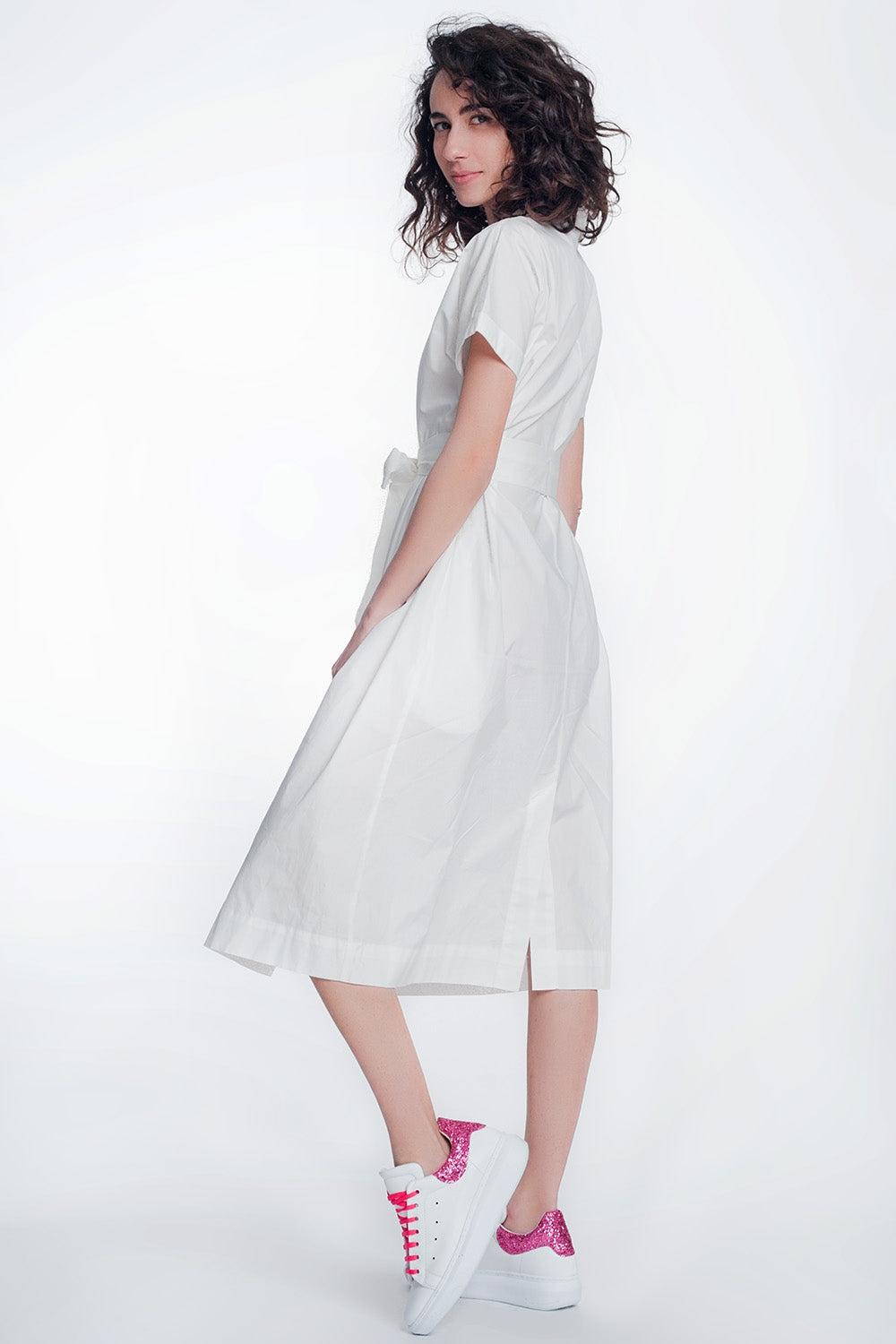 White Poplin Shirt Dress With Belt And Short Sleeves