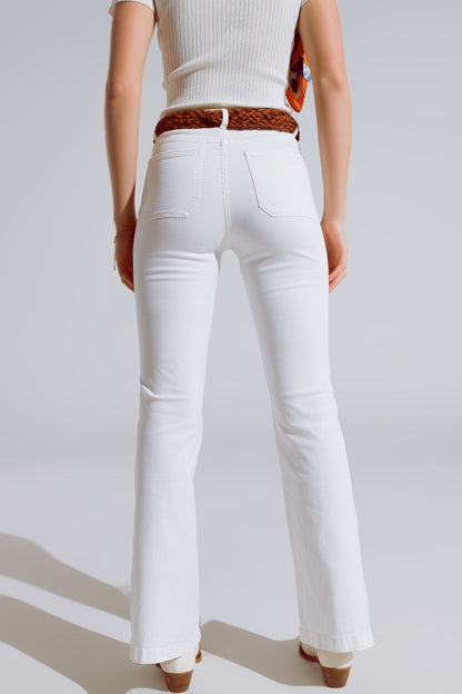 White Skinny Flared Jeans With Front Pocket Detail For Style