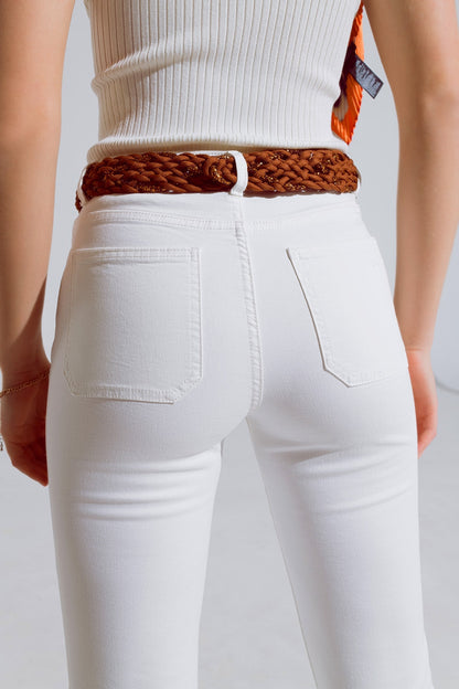 White Skinny Flared Jeans With Front Pocket Detail For Style