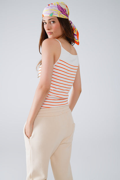 Trendy White Top With Orange Stripes and Thin Straps